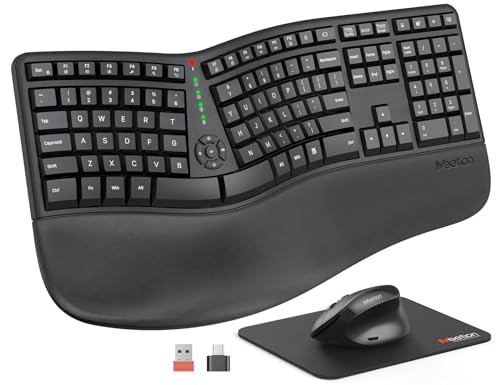 MEETION Ergonomic Wireless Keyboard and Mouse, Ergo Keyboard with Vertical Mouse, Split Keyboard with Cushioned Wrist, Palm Rest, Natural Typing, Rechargeable, Full Size, Windows/Mac/Computer/Laptop