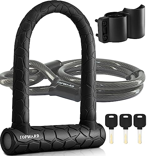 Topward Bike U Lock with Cable, Electric Scooter Lock, Heavy Duty Anti Theft Bicycle U-Locks, 20mm Shackle with Silicone Coating and 12mm x 4ft Length Security Cable with Mounting Bracket and 3 Keys